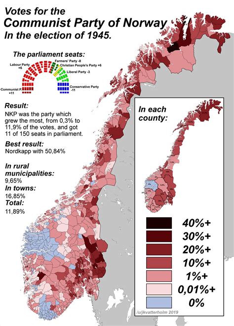 Votes for the communist party in the Norwegian 1945 election, by municipality [OC] [5833x8120 ...