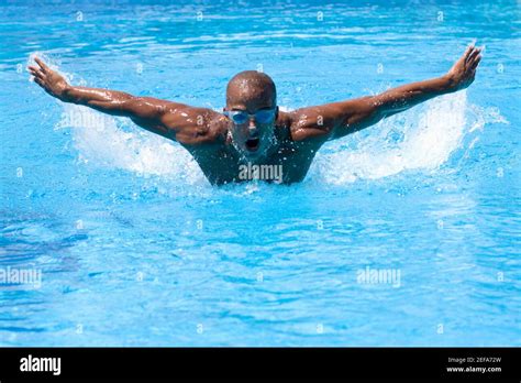 Mid adult man swimming the butterfly stroke in a swimming pool Stock ...