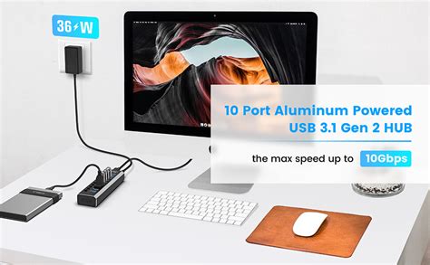 10-Port USB 3.1 Hub 10Gbps with 12V/3A Power Adapter, USB-A and USB-C Cables, RSH-A10S