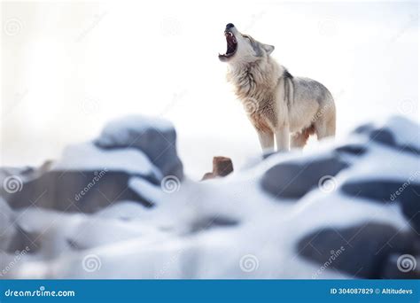 Wolf Pack Leader Howling on a Boulder Surrounded by Snow Stock Image ...