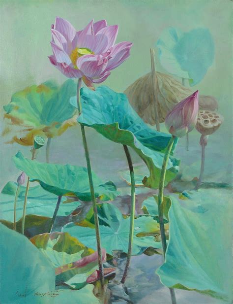 Signed Realist Painting of Lotus Flowers from Thailand - Lotus and the Truth | NOVICA