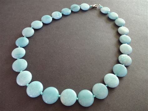 Natural Aquamarine Bead Necklace, 18-18.5 Inch Long, 16mm Flat Round Beads, Light Blue Gemstone ...