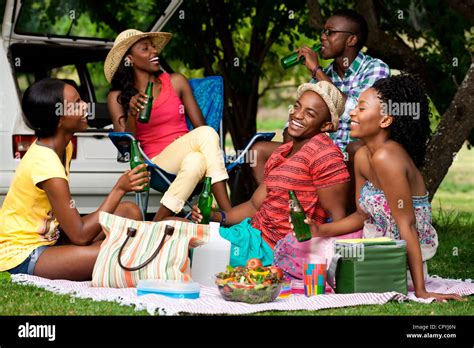 5 young black adults have a picnic in a park Stock Photo - Alamy