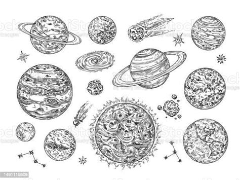 Sketch Solar System Planets Hand Drawn Comet Moon Star Galaxy And Space Objects Vector ...