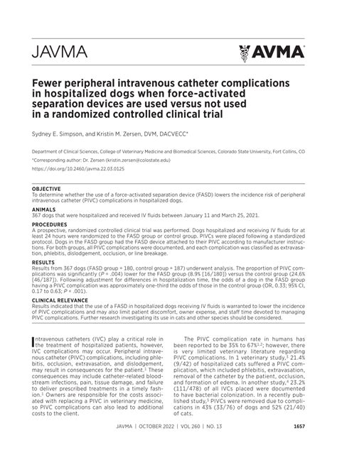 (PDF) Fewer peripheral intravenous catheter complications in hospitalized dogs when force ...