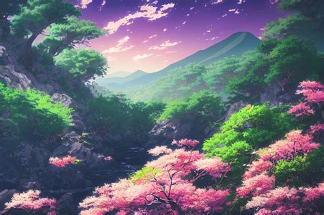 Premium Photo | Japan anime scenery wallpaper featuring beautiful pink cherry trees and mount ...