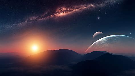 Andromeda, planets, galaxy, landscape, stars, digital, moon, clouds ...