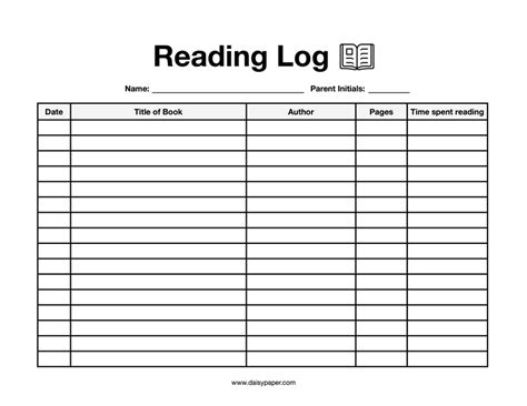 Reading Log Printable For Kids