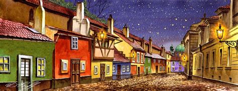 Prague golden line street by Artist Prague | Street painting, Prague, Prague painting