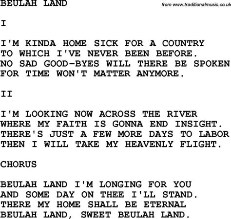 Country, Southern and Bluegrass Gospel Song Beulah Land lyrics | Song ...