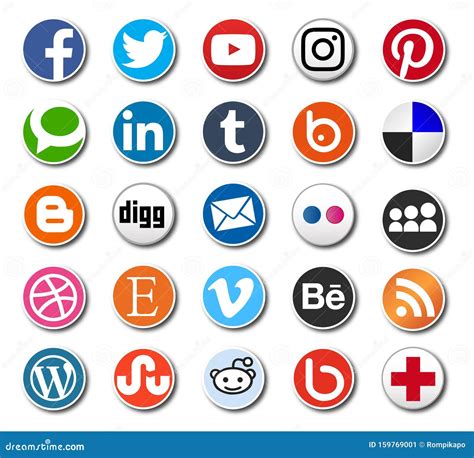 66 Round Social Media Icons White With Tin Border Vector Illustration ...