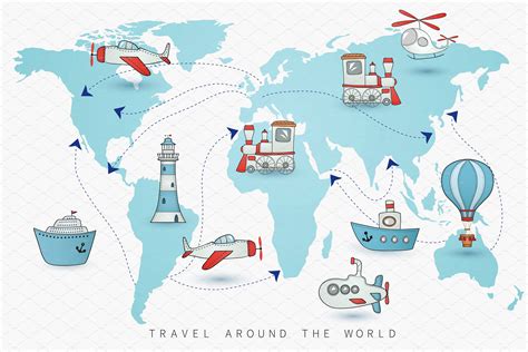 Travel icons on the world map. | Travel icon, World map, Map