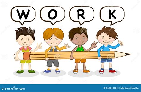 Kids Group Holding Pencil. Teamwork Vector Stock Vector - Illustration of discussion, blue ...