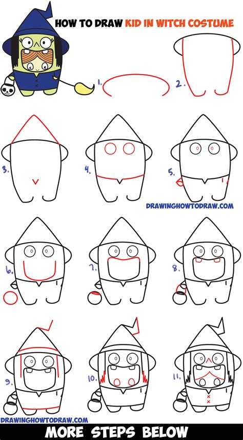 How to Draw a Kid in a Halloween Witch Costume (Cute Kawaii) Easy Step by Step Drawing Tutorial ...