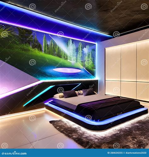 A Futuristic Bedroom with a Floating Bed, LED Accent Lighting, and a Holographic Projection ...