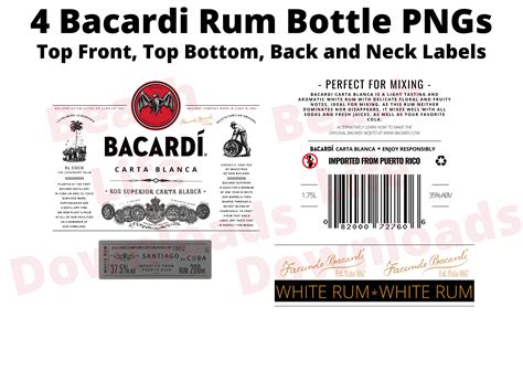 Buy Four Bacardi Rum Bottle Labels Transparent and Background Pngs Sublimation Printable ...