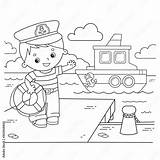 Coloring Page Outline Of Cartoon Sailor On The dock Next To ship  sketch template