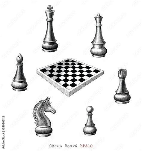 Chess Board hand drawing vintage style black and white clip art ...