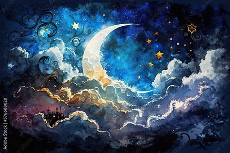 Fantasy clouds, stars, and a crescent moon paint a watercolor sky in a ...