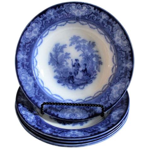 Large 19th Century Flo Blue Soup Bowls in Watteau Pattern or Doulton ...