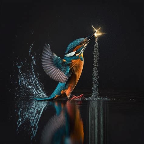 Common European Kingfisher river kingfisher flying after emerging from water with caught fish ...