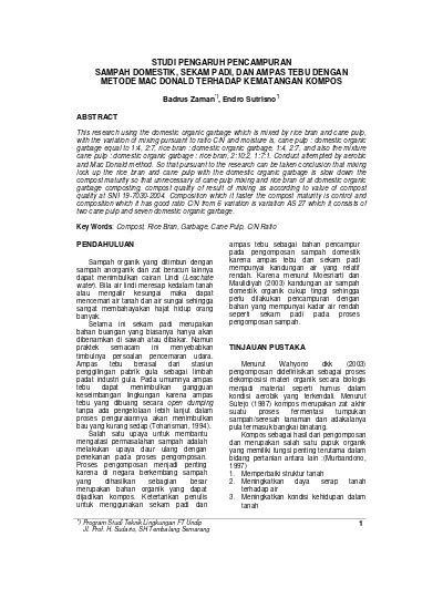 STUDI PENGARUH PENCAMPURAN SAMPAH DOMESTIK, SEKAM PADI, DAN AMPAS TEBU DENGAN METODE MAC DONALD ...