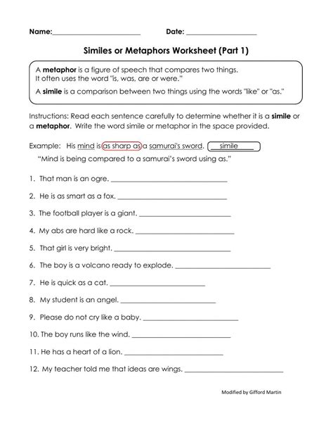 Simile And Metaphor Worksheets 1