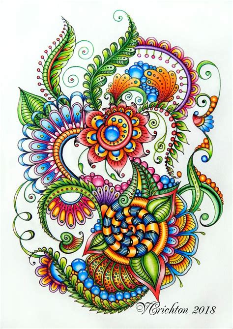 Zentangle art, zentangle gems and droplets, doodle flowers, colour pencils. Viktoriya Crichton ...