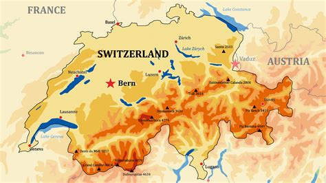 Physical map of Switzerland