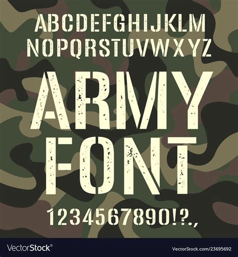 Military and army font, camouflage rough pattern. Assortment, set of type, letter and number ...