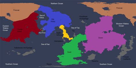 An old community map of Kerbin with named continents and a few geographic labels ...