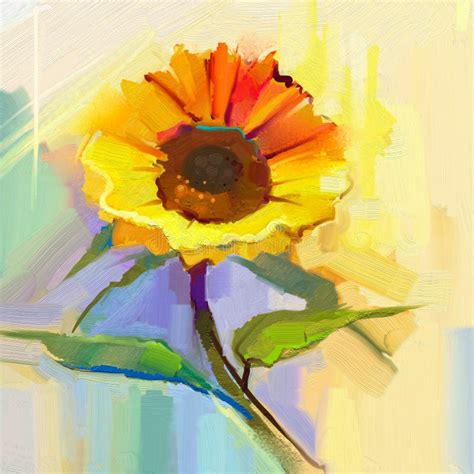 Oil Painting A Single Yellow Sunflower With Green Leaves Stock Illustration - Illustration of ...