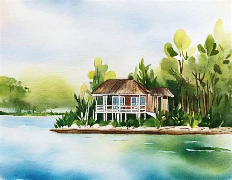 Watercolor of House on the Beach Stock Illustration - Illustration of ...