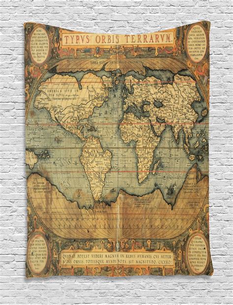 World Map Tapestry, Ancient Old Chart Vintage Reproduction of 16th Century Atlas Print, Wall ...