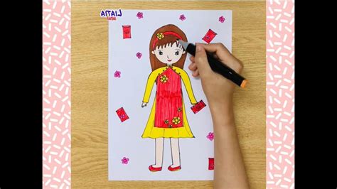 Vẽ bé gái mặc áo dài cách tân ngày tết | How to draw girl happy lunar ...