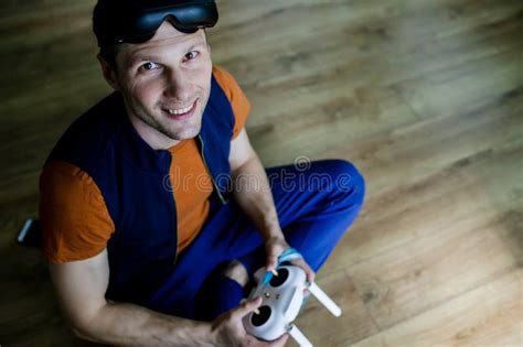 Man Playing Video Games Virtual Reality Glasses in His Apartment. Stock Image - Image of games ...