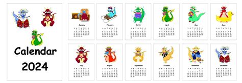 2024 calendar with Funny fantasy characters dragon . Calendar planner minimal style, annual ...