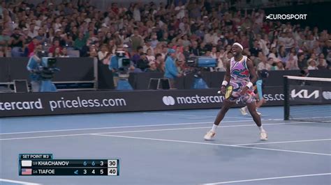 Frances Tiafoe takes the third set with a forehand winner to keep his hopes alive at Australian ...