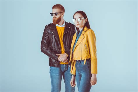 Fashionable Couple in Leather Jackets Stock Image - Image of clothing, posing: 99751535