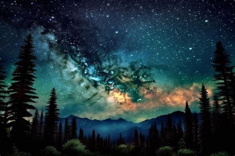 Premium AI Image | A painting of a starry night sky with a mountain and trees in the foreground.