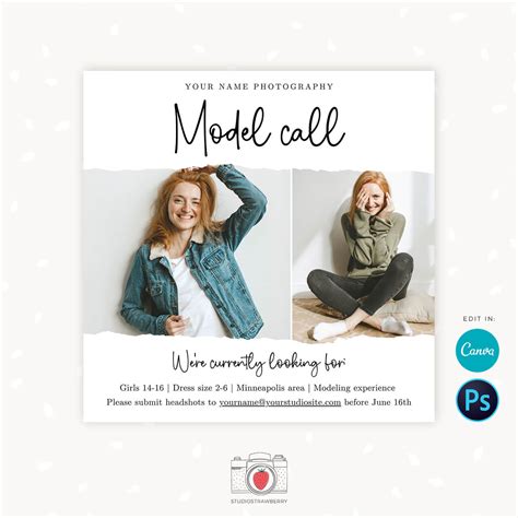 Photography Model Call Template for Canva & Photoshop – Strawberry Kit