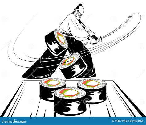 Samurai slicing rolls stock vector. Illustration of food - 148071440