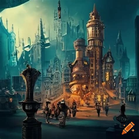Steampunk illustration of a cityscape on Craiyon