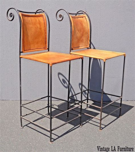 Pair of Vintage Spanish Style Wrought Iron Bar stools with Burnt Orange Leather #afflink | Iron ...