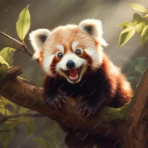 Premium Photo | A chubby giggling baby red panda climbing a tree in a ...