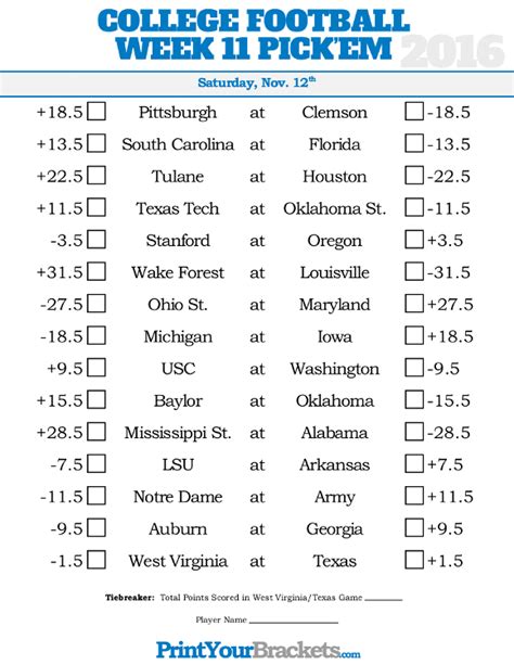 Printable College Football Lines