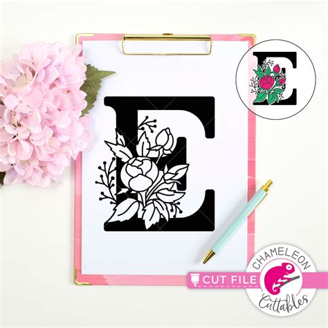 E Floral Monogram Letter with Flowers SVG png dxf jpeg | Etsy