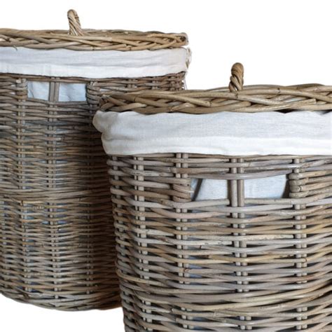 Lined Round Grey Wicker Laundry Basket in 2 sizes