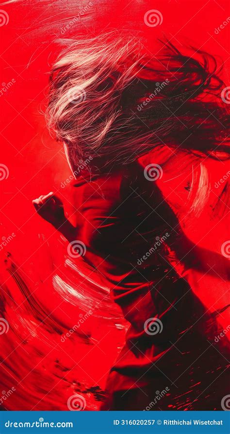 Dynamic Figure with Flowing Hair in a Vivid Red Abstract Setting Stock ...