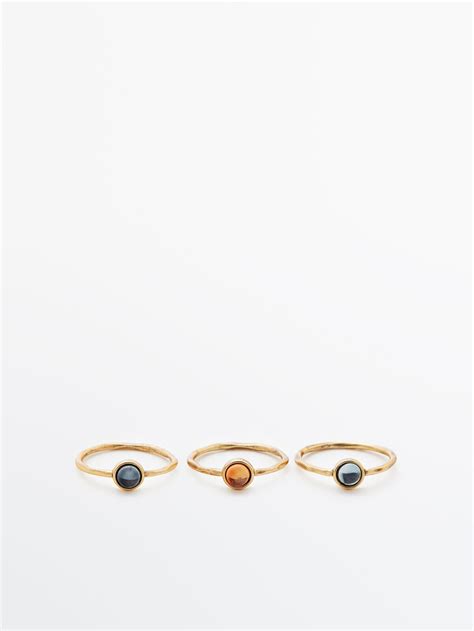 Massimo Dutti Set Of 3 Coloured Stone Rings - Grey | Editorialist